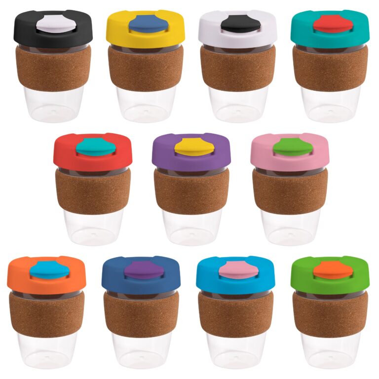 Personalise 12oz/340ml Clear Plastic Karma Kup Cork Band Plastic Flip Lid - Custom Eco Friendly Gifts Online