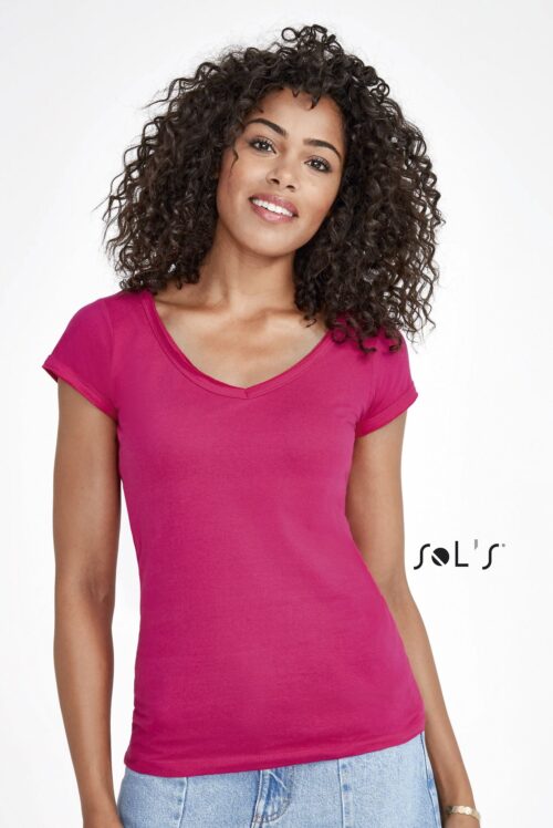 Custom Mild Women's V-neck Rolled And Raw-cut Finished T-shirt with Logo