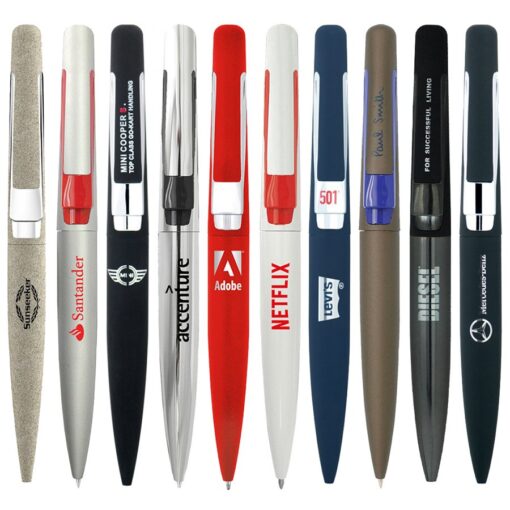 Assorted branded pens including Netflix, Adobe, and Diesel