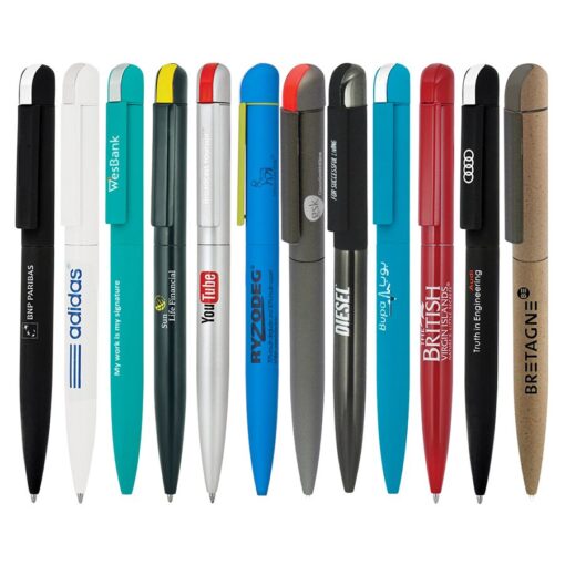 Assorted branded pens with company logos