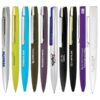 Assorted branded pens in various colors aligned horizontally