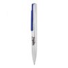 White ballpoint pen with blue clip and logo