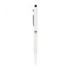 White stylus pen with black accents and logo