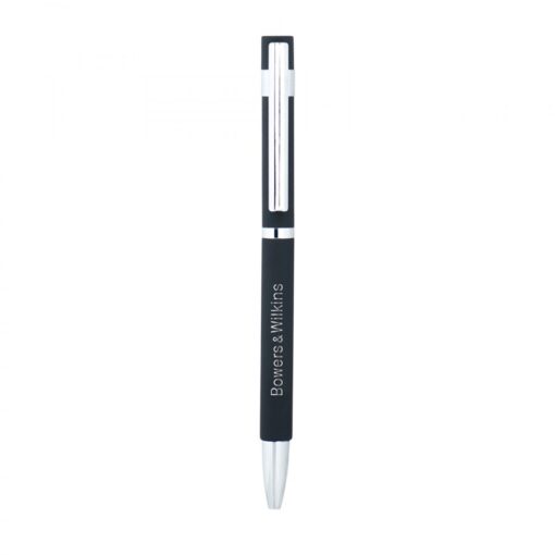 Branded black and silver ballpoint pen isolated.