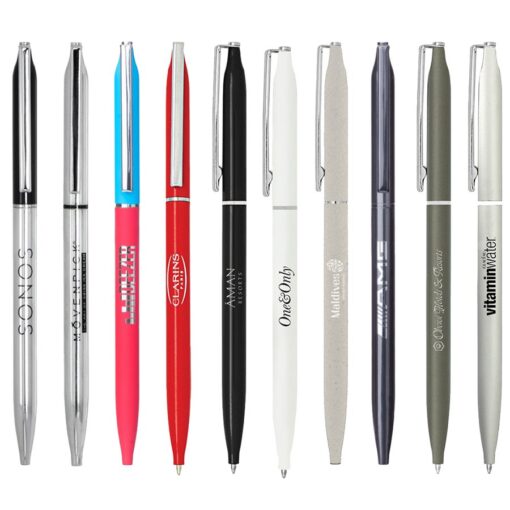 Assorted branded pens in various colours and designs