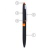 Labelled diagram of a modern black and orange pen