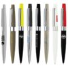 Assorted branded pens arranged in a row