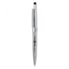 Silver stylus pen with black accents and logo