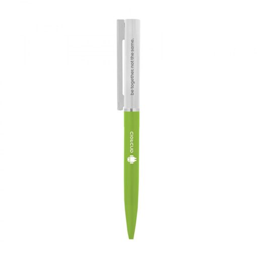 Green ballpoint pen with white clip and logo
