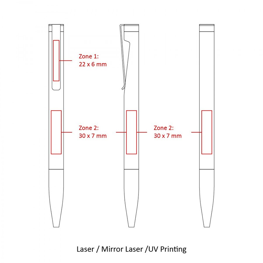Technical diagram of pen with labeled printing zones