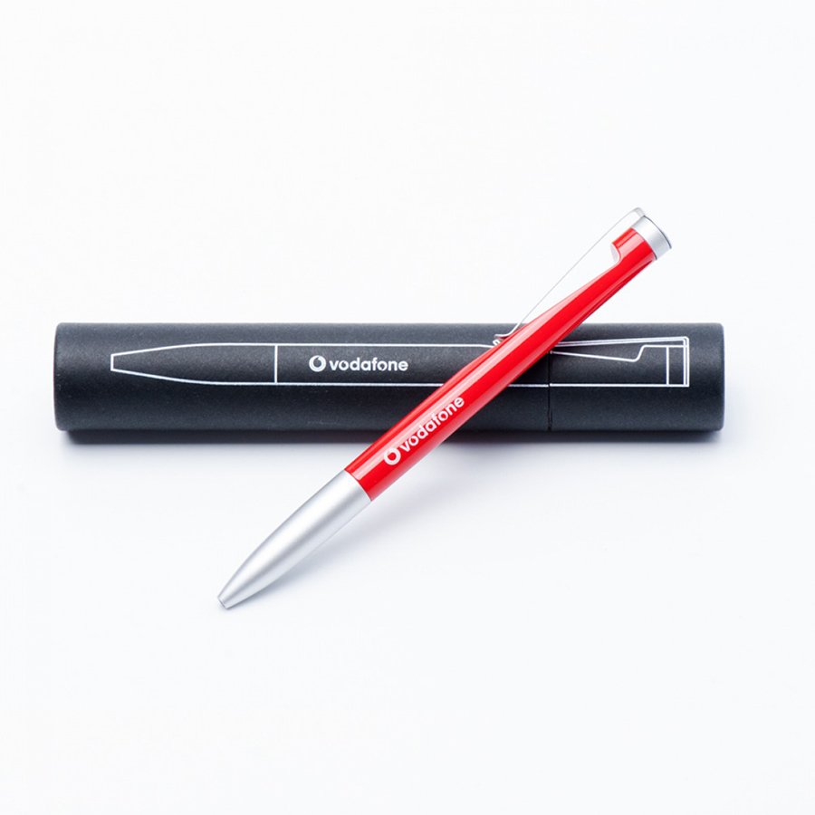 Red Vodafone-branded pen with case on white background