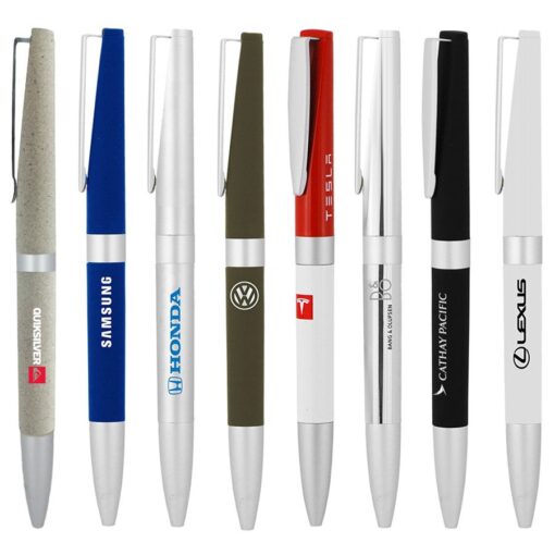 Assorted branded pens including Tesla and Samsung.