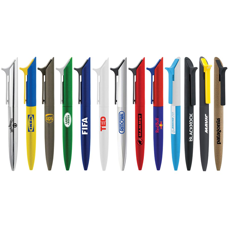 Assorted branded pens with various corporate logos