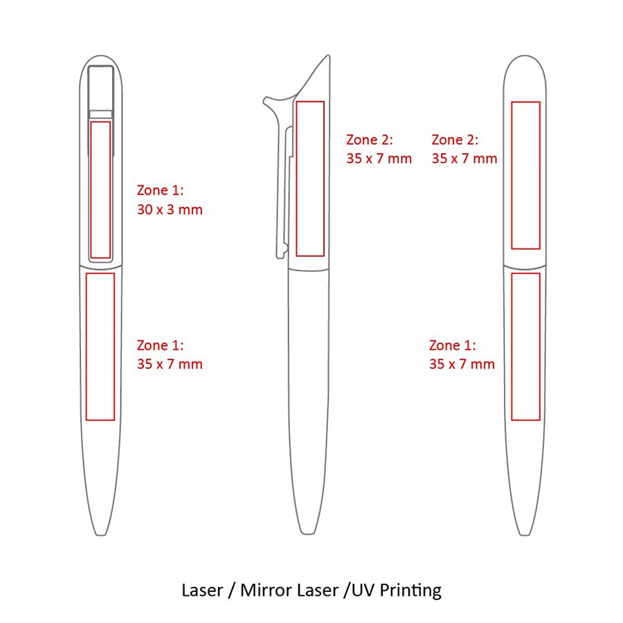 Diagrams showing printable zones on pens for customization