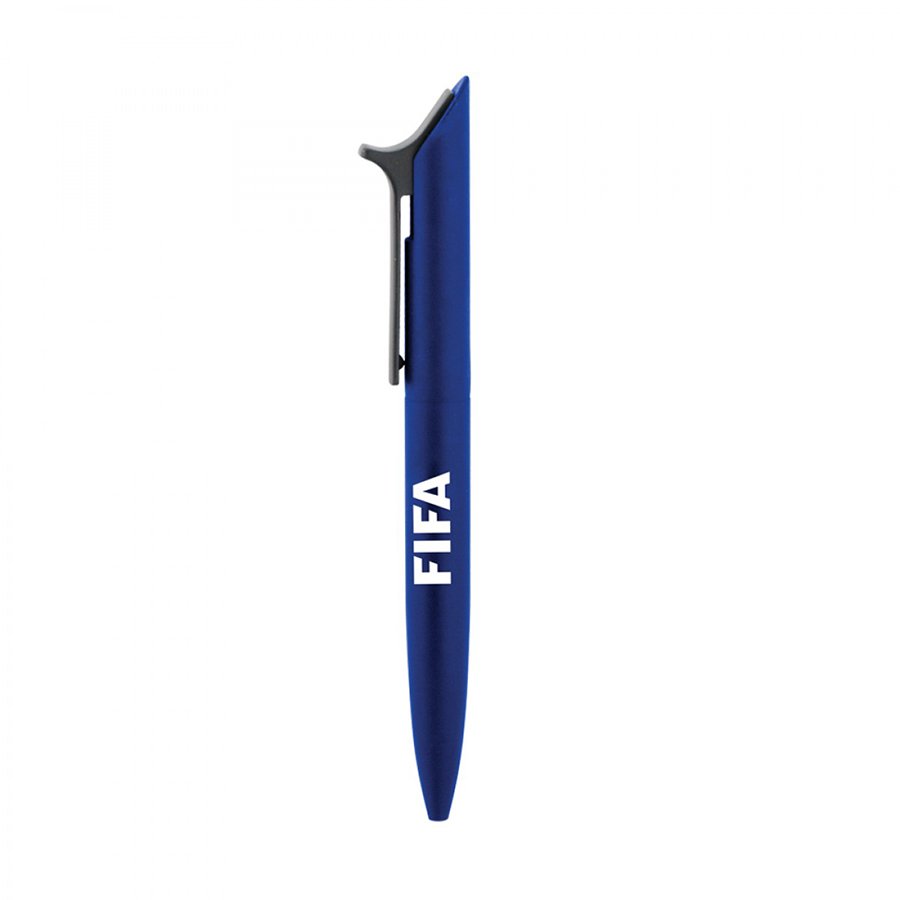 Blue FIFA-branded promotional pen isolated on white