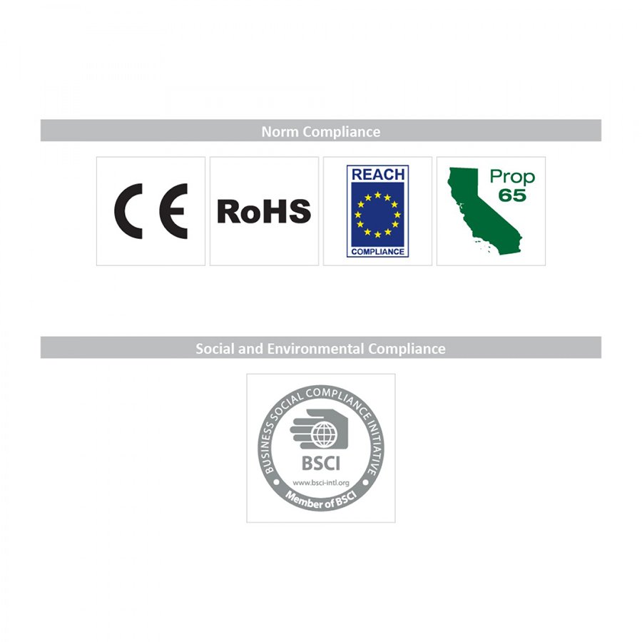 Icons for CE, RoHS, REACH, Prop 65 and BSCI compliance